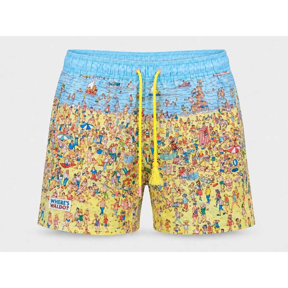 *FLAWED Where's Waldo Beach Swim Trunks Medium Graphic Print Shorts Novelty